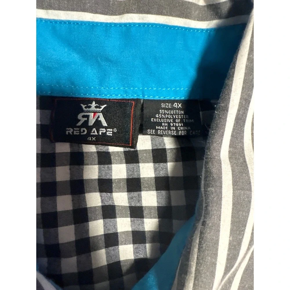Red Ape 4X Mens Checkered Striped Button Up Short‎ Sleeve Shirt Patches